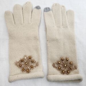 Womens Ivory Knit Embellished Touch Screen Gloves Acrylic OS